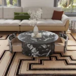 Modern marbling coffee table with drawer in a living room setting