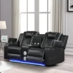 Goldoma power reclining corner sofa set with LED lights in black faux leather