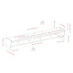 Black wall mounted tv stand with 5 cubbies holding a 65-inch TV