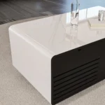 Goldoma smart coffee table with mini fridge and wireless charging in modern living room