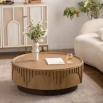 Goldoma mid-century modern round coffee table with carved wood design - solid wood coffee table for small living room