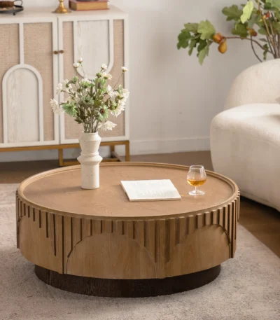 Goldoma mid-century modern round coffee table with carved wood design - solid wood coffee table for small living room
