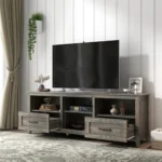 70-inch TV stand with black pine finish, featuring four open compartments and two drawers for media storage