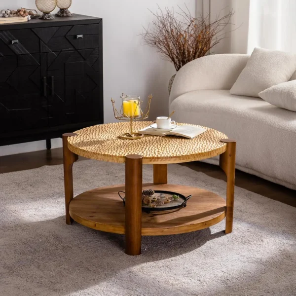 Goldoma solid wood coffee table in boho vintage farmhouse style with two-tier storage and natural finish