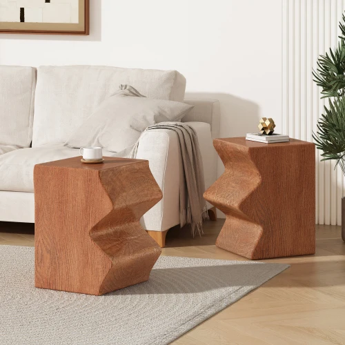 H47c3a81cc6a2455a8f17920edf797afdF.webp Goldoma modern nesting side table set of 2 with adjustable height in rectangular shape, showcasing sleek magnesium oxide and wood finish for indoor or outdoor use.