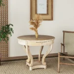 Eco-friendly modern solid wood small dining table with curved legs and natural finish