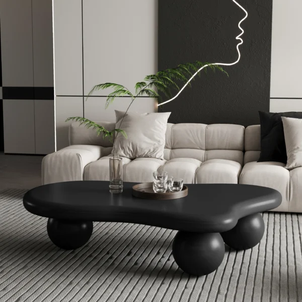Goldoma unique coffee table - cloud shaped with 3 ball legs, 47 inch black MDF surface for modern living room