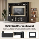 modern entertainment center with black bookshelves and tempered glass doors holding a large TV
