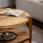 Goldoma solid wood coffee table in boho vintage farmhouse style with two-tier storage and natural finish
