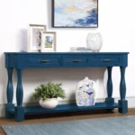 Goldoma 63-inch mid-century console table with three drawers and shelf in navy blue, solid wood entryway sofa table