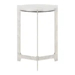 White marble round end table with silver aluminum cross legs in living room setting - Goldoma 25 inch marble side table