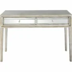 Silver mirrored console table with drawers by Goldoma in antiqued silver finish, 48 inches wide, placed in an entryway
