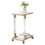 Modern c shape glass side table with chrome base and acrylic accents sliding under sofa in living room