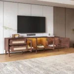 Goldoma 70.8 inch brown large media console with rattan drawers and cable management for TVs up to 80 inches