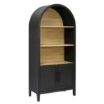 Goldoma tall bookcase with cabinet - mid-century modern 3-tier arched bookcase in solid wood and MDF