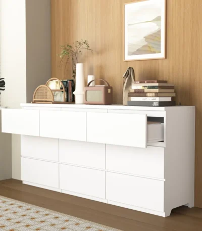 Goldoma 9-drawer solid wood chest with modern no-handle design in white, ideal for bedroom storage