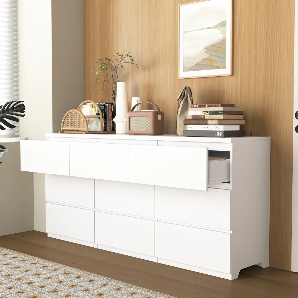 H4b789bda7fa7420babe90a51a3b1a44ei.webp Goldoma 9-drawer solid wood chest with modern no-handle design in white, ideal for bedroom storage