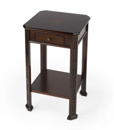 Goldoma 27-inch rustic end table with drawer and shelf in dark brown and cherry finish for living room storage