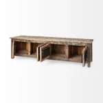 Rustic TV stand 76 inch reclaimed wood with distressed brown finish and enclosed storage doors