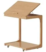 Goldoma C-shaped end table with lockable wheels in natural wood finish, placed under a sofa as a rolling side table