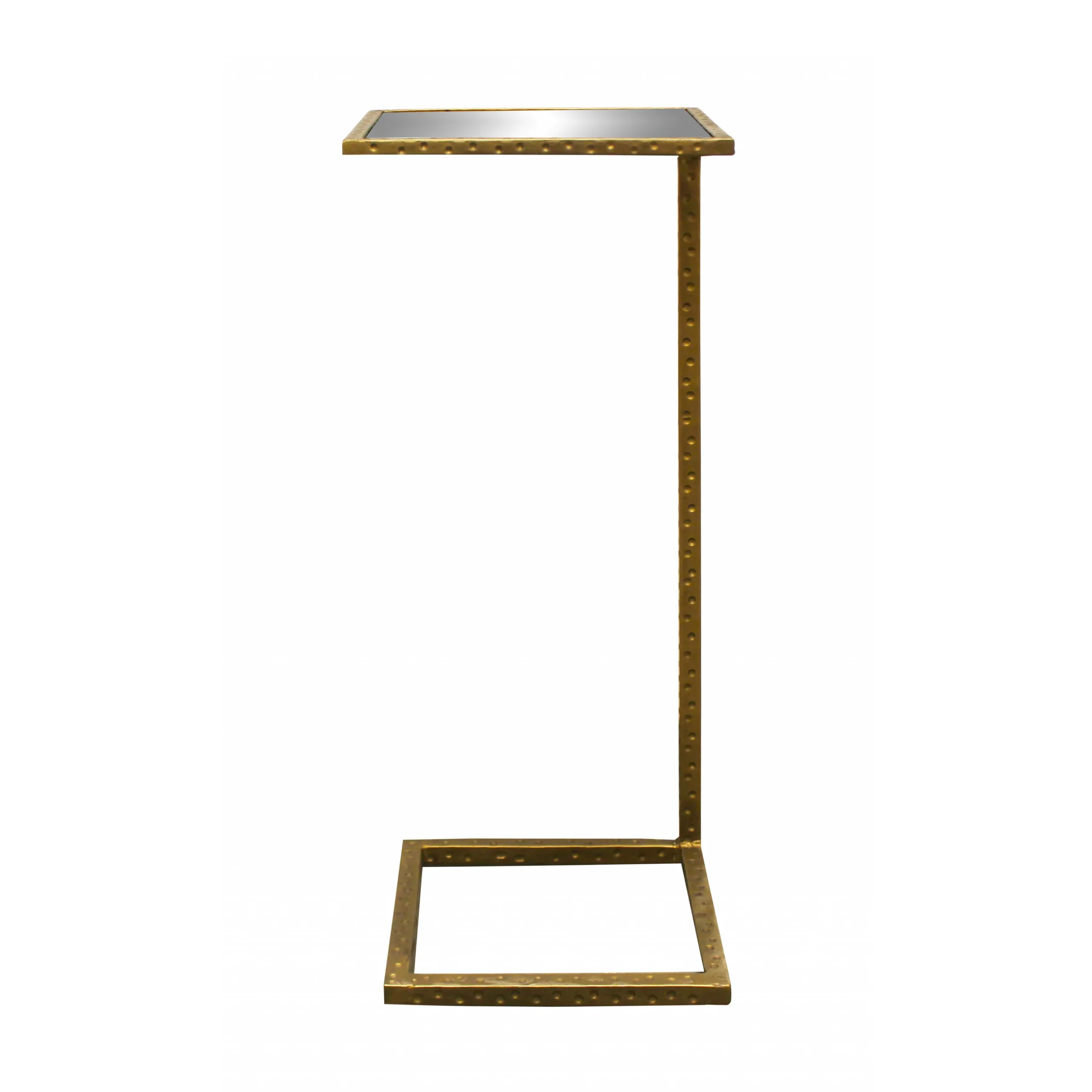 H4c682e3afaee4ba78514f5371db89980a.webp Goldoma brass and silver mirrored end table with reflective glass top and iron base, perfect as a glamorous side table or nightstand