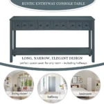 Goldoma rustic navy console table with four drawers and bottom shelf in a living room setting