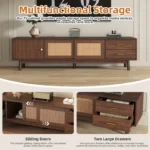 Goldoma adjustable TV stand for 80 inch TV with sliding doors and drawers in modern mid-century wood design