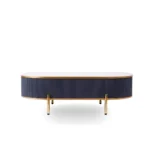 White and gold oval coffee table with drawer and stone top in modern living room