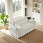 Goldoma white sleeper sofa with storage armrest and USB port in a modern living room