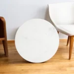 Round pedestal end table with white marble top and distressed natural solid wood base - Goldoma accent table