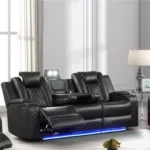 Goldoma power reclining corner sofa set with LED lights in black faux leather