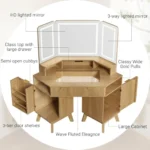 Goldoma corner makeup vanity desk with 3-way adjustable lighted mirror and USB charging station in natural oak finish