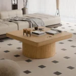 34.6'' Square Coffee Table for Living Room, Modern Wood Veneer Top with Parquet Pattern & Cylindrical Base, Natural Wood