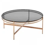 Goldoma 35 inch round glass coffee table with gold stainless steel frame and gray tempered glass top in living room