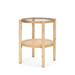Goldoma 24-inch round side table with clear glass top and light brown solid wood shelf, perfect for living room decor