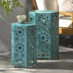 ELIANA modern hexagon side table with cut-out patterns in a small space living room setting