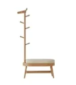 Goldoma C-shaped end table with lockable wheels in natural wood finish, placed under a sofa as a rolling side table