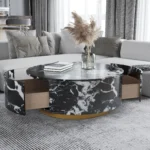 Modern marbling coffee table with drawer in a living room setting