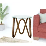Goldoma 20-inch walnut round end table with clear glass ribbon base in living room