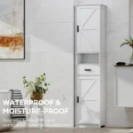Goldoma 69 inch tall solid wood narrow bathroom storage cabinet with two sliding barn doors and drawer for small bathroom organization