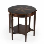 Goldoma 28-inch round coffee table with brown wood top and black metal shelf in a modern rustic living room