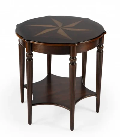 Goldoma 28-inch round coffee table with brown wood top and black metal shelf in a modern rustic living room