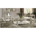 Goldoma antiqued white oak coffee table with shelf in farmhouse living room setting
