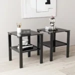 Goldoma set of 2 tempered glass side tables with two-tier round shelves in living room