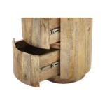 Goldoma solid wood drum end table with two drawers in natural finish, 24-inch height, placed next to a sofa