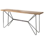 Solid acacia console table with live edge and black iron geometric base in an entryway