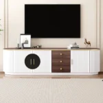 Mid-century modern TV stand for 65-inch TVs with three drawers and shelves in natural oak finish