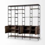 Goldoma 90-inch tall bookcase brown metal and wood shelves with lower cabinets in a living room