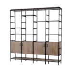 Goldoma 90-inch tall bookcase brown metal and wood shelves with lower cabinets in a living room