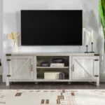Goldoma Stone Grey Barn Door TV Stand 70 inch for TVs up to 80 inches with sliding doors and cable management